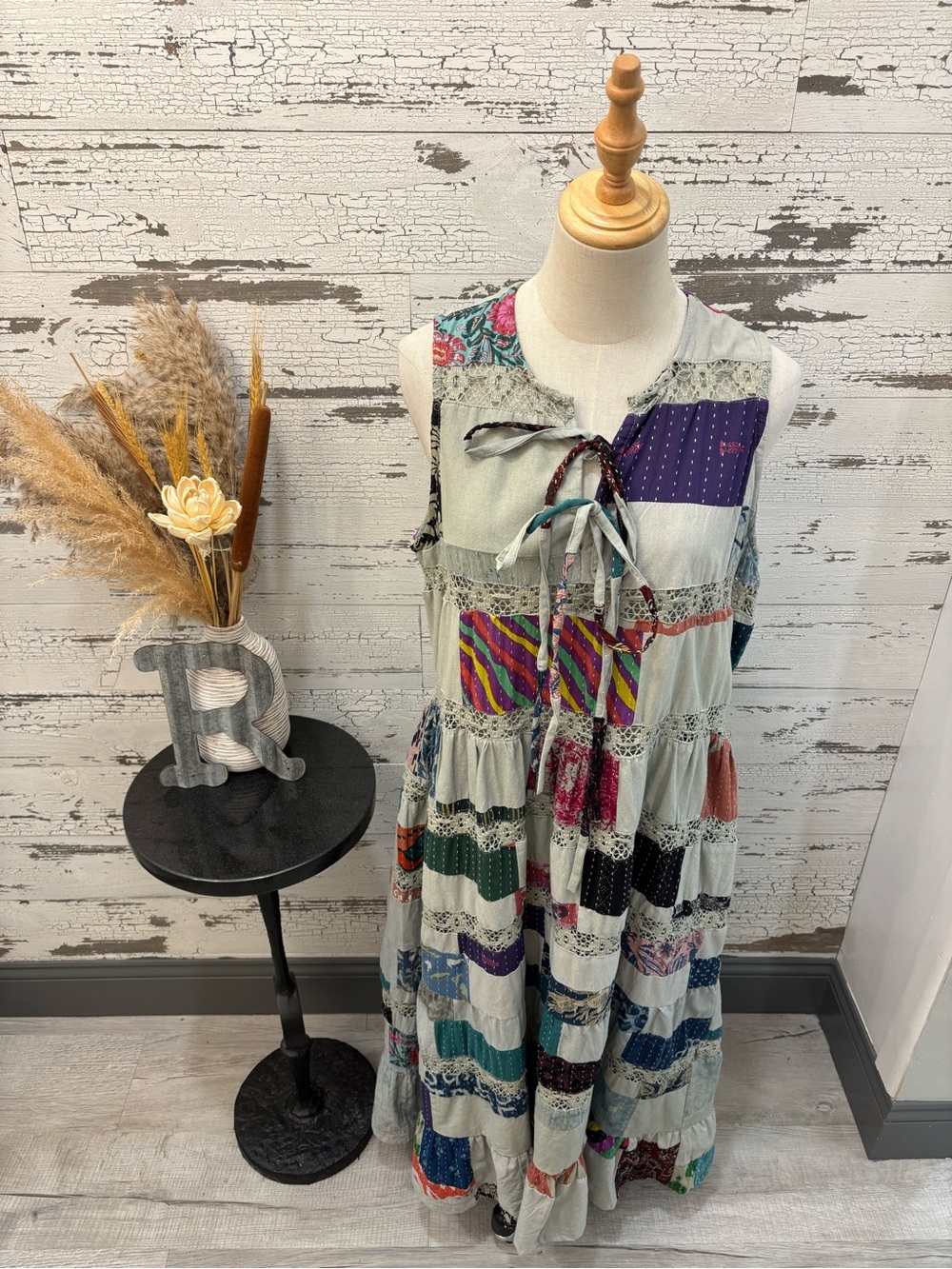 POL New Patchwork Maxi Dress in Light Gray with Multicolor Accents
